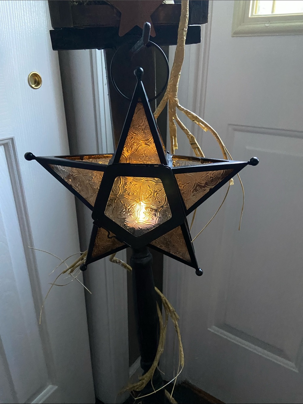 Amber Star Hanging Lantern - Decorative Metal & Glass Accent